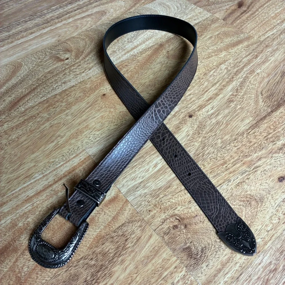 Vintage Western Belt Brown Snakeskin Embossed Silver Buckle Size 8 Cowgirl Boho